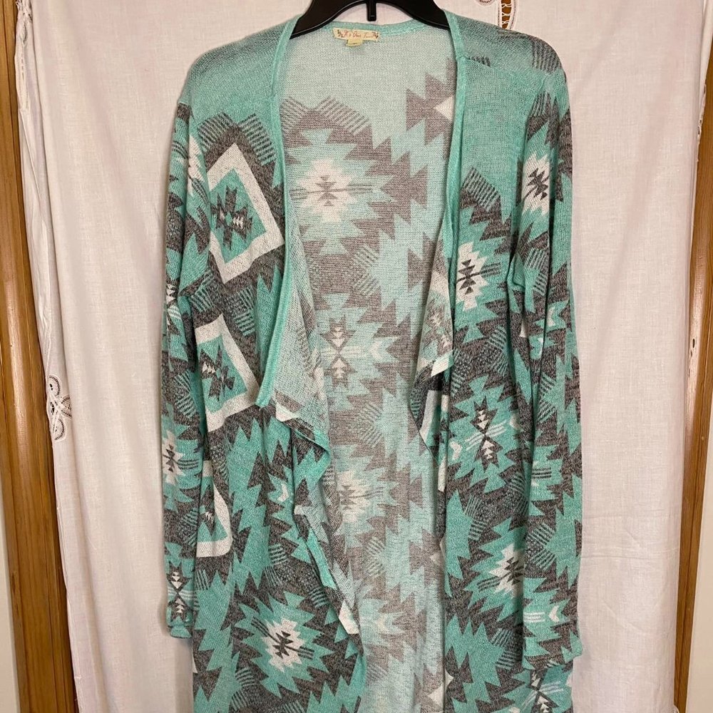 It's Our Time Teal Gray Geometric Cardigan Size XL